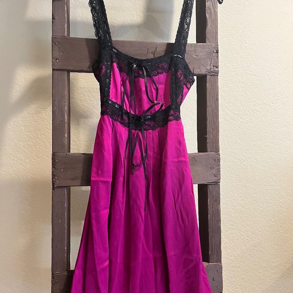 Satin fuschia and lacy black Betsey Johnson dress